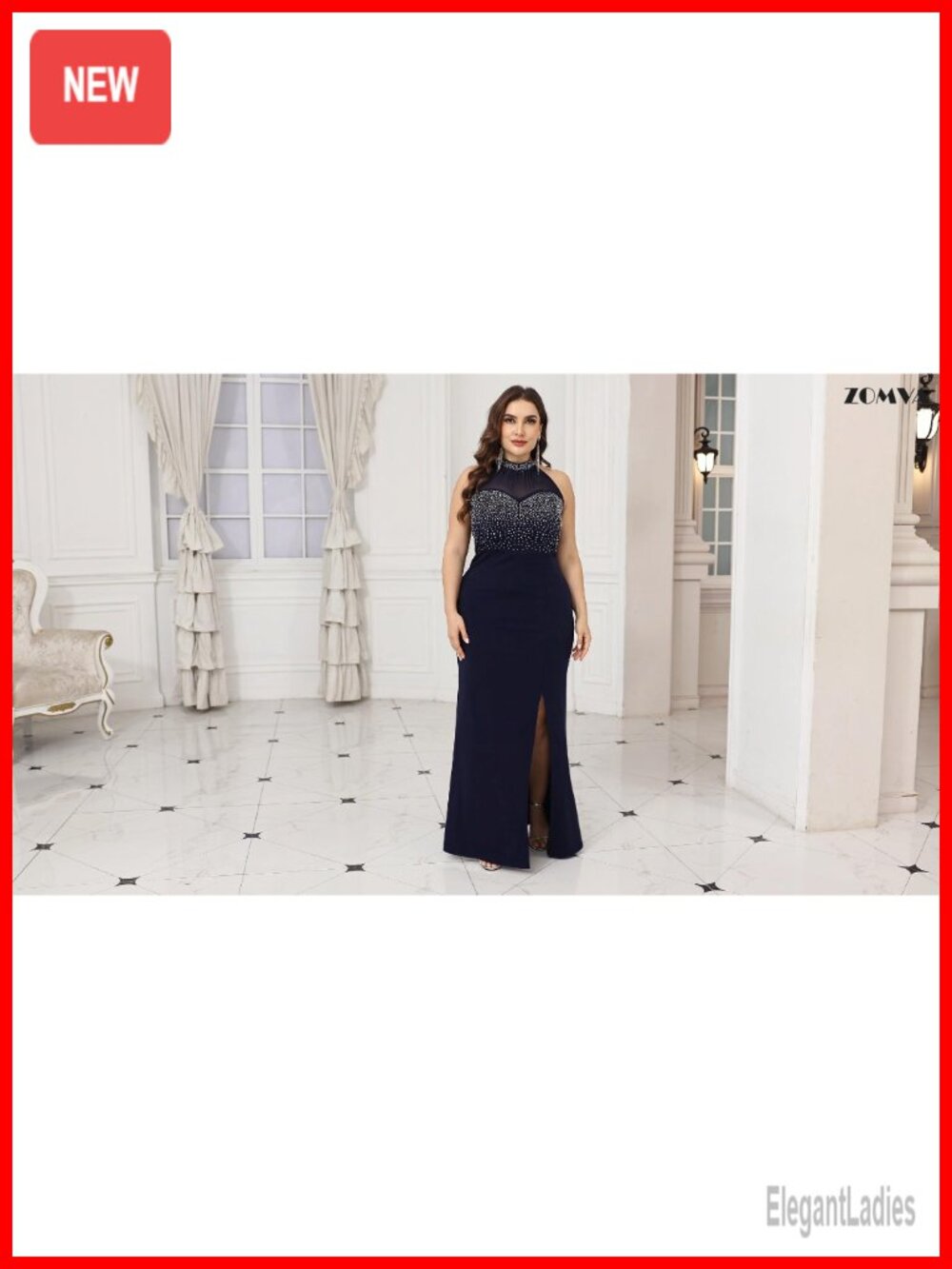 Plus Size Sexy Evening Gown Sparkly Rhinestone Bodice Halter Neck Maxi Dress - Picture 6 of 6